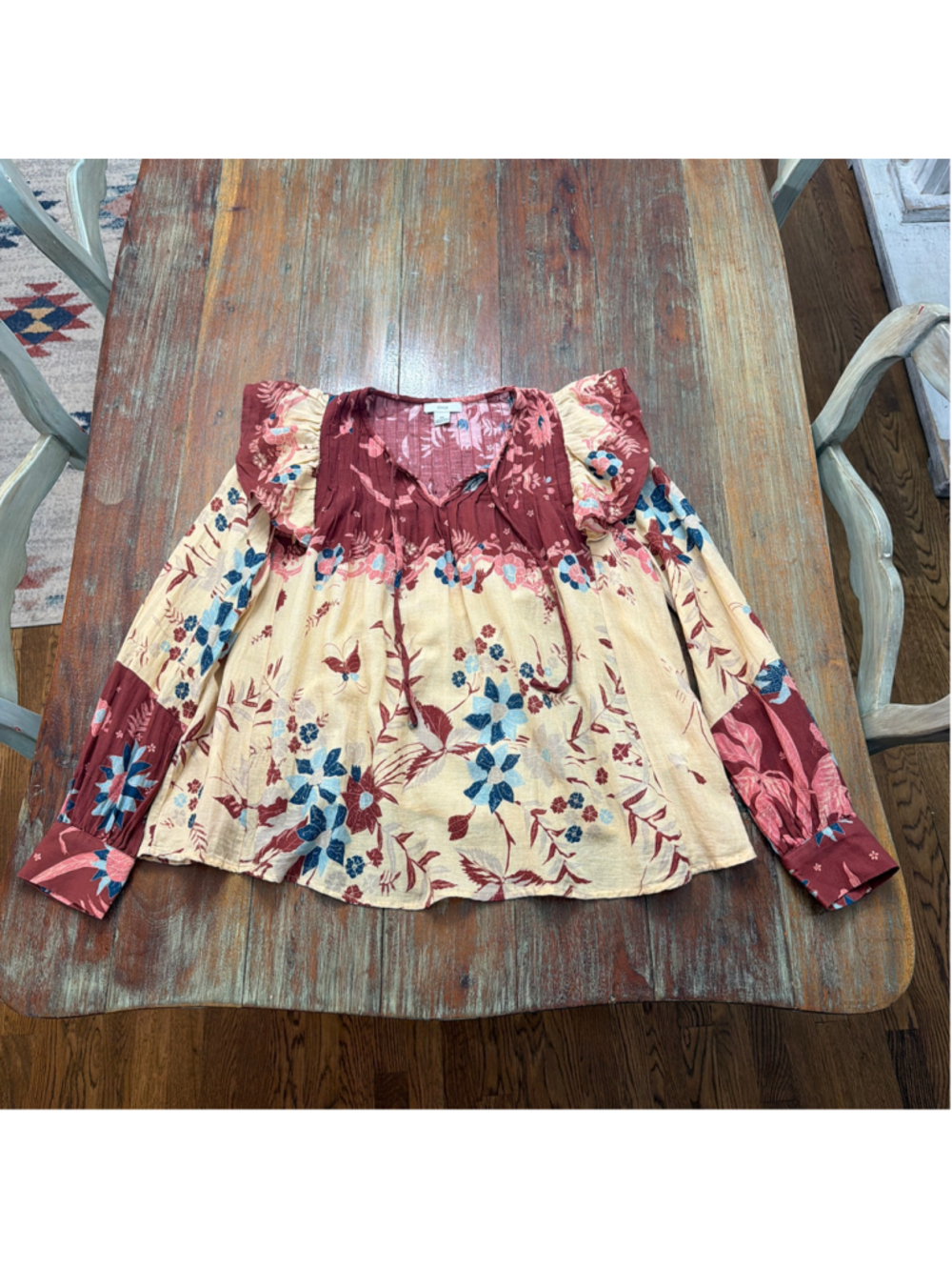 ⁠Othilia Anthropologie Floral Pintuck Tie Neck Blouse Top Womens XS Flutter Boho